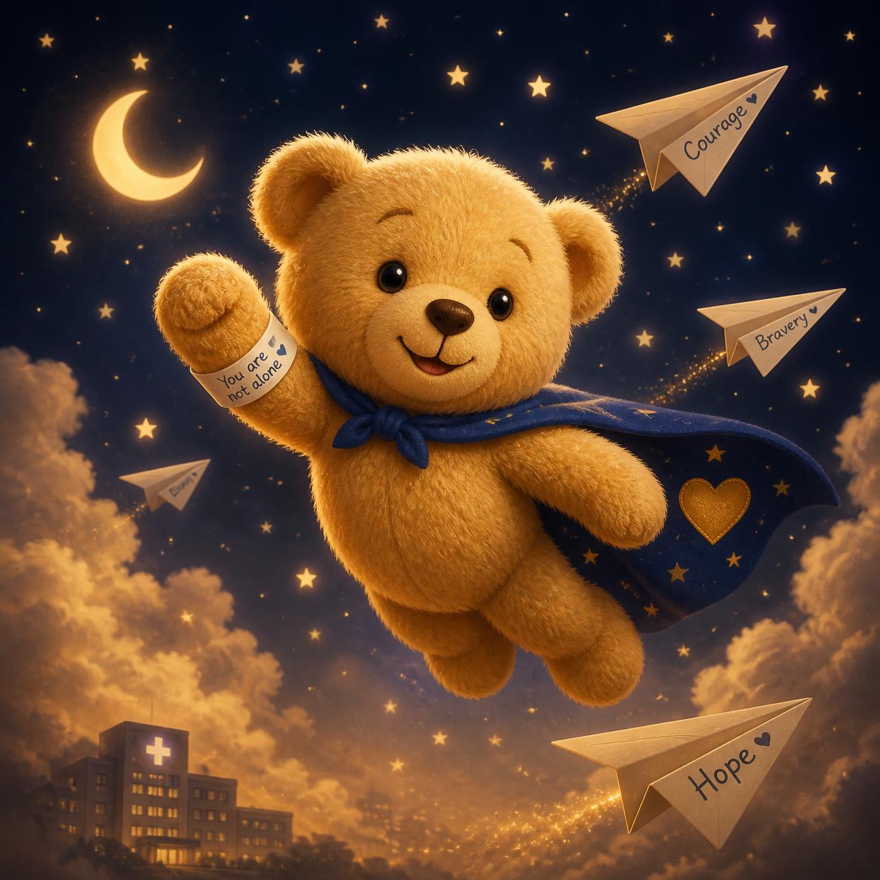 KidsFund plush bear in a starry cape holding a rising stock market chart