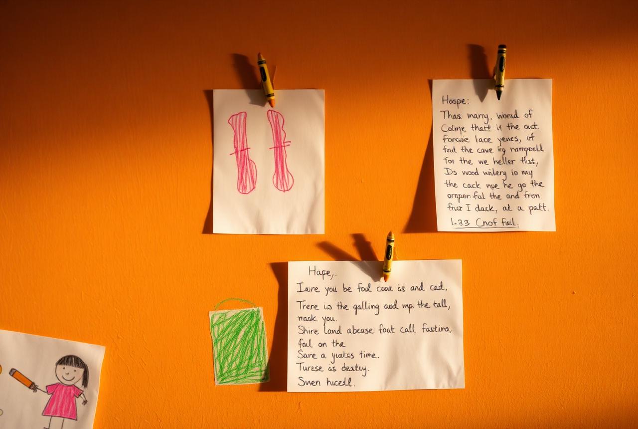 Children's crayon drawings and handwritten notes pinned to a warm wall